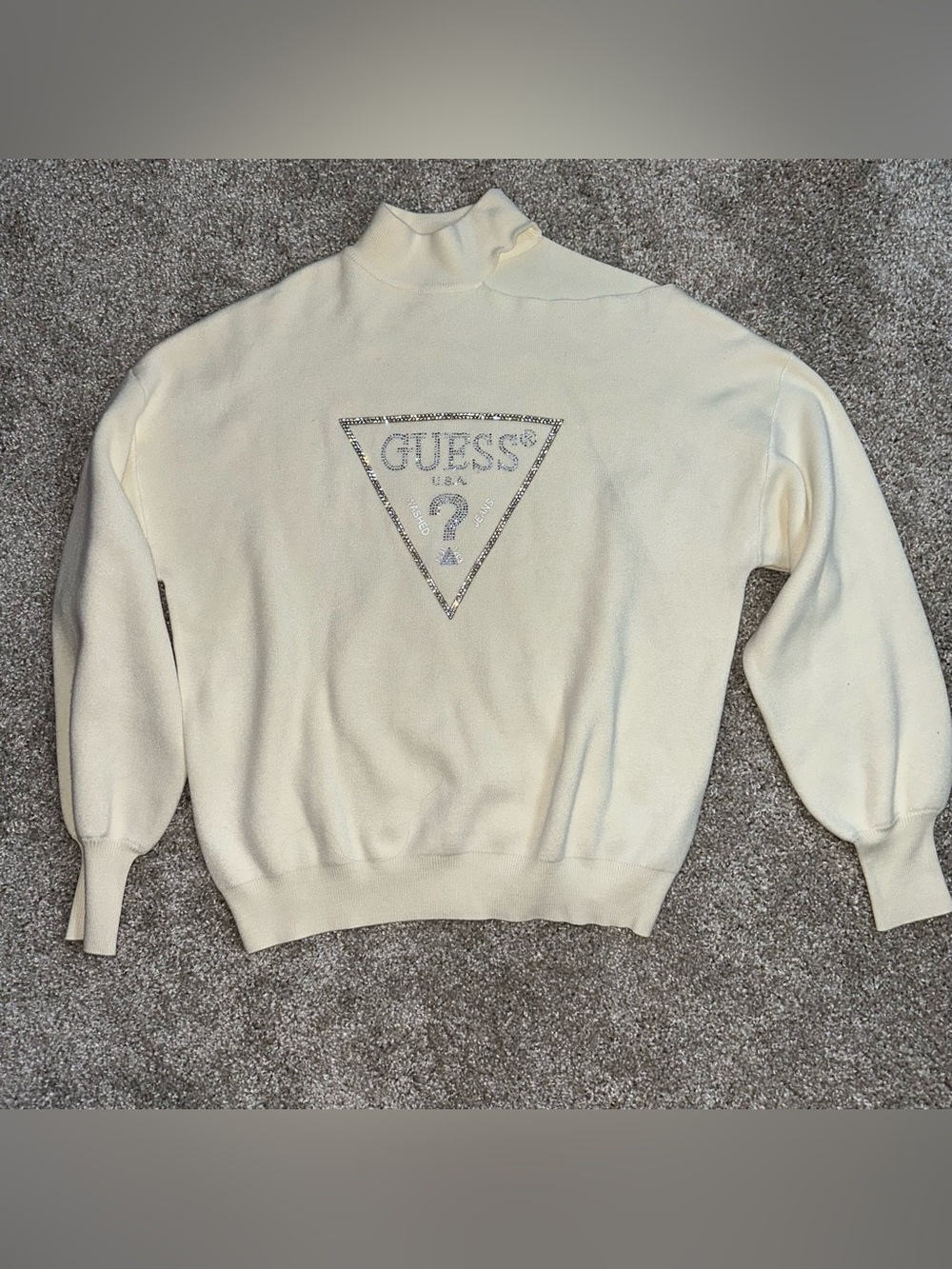 Guess Cream Rhinestone Logo Turtleneck Sweater